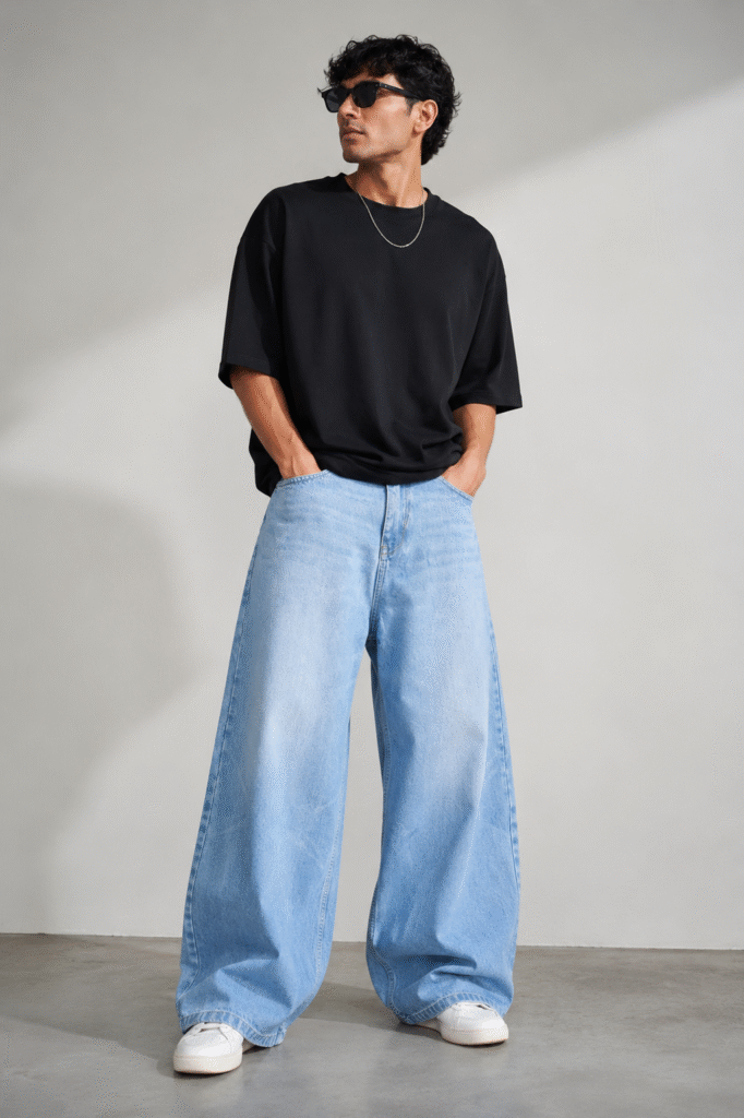Urbanmore men’s light wash baggy denim jeans with ultra wide fit
