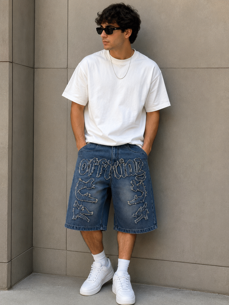 Urbanmore oversized graphic denim shorts for men in vintage washed blue denim with embroidered streetwear design and relaxed fit.