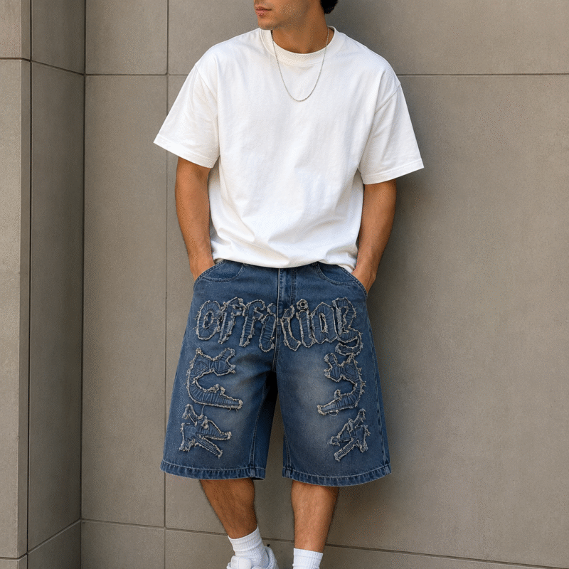 Oversized Graphic Denim Shorts Urbanmore oversized graphic denim shorts for men in vintage washed blue denim with embroidered streetwear design and relaxed fit.