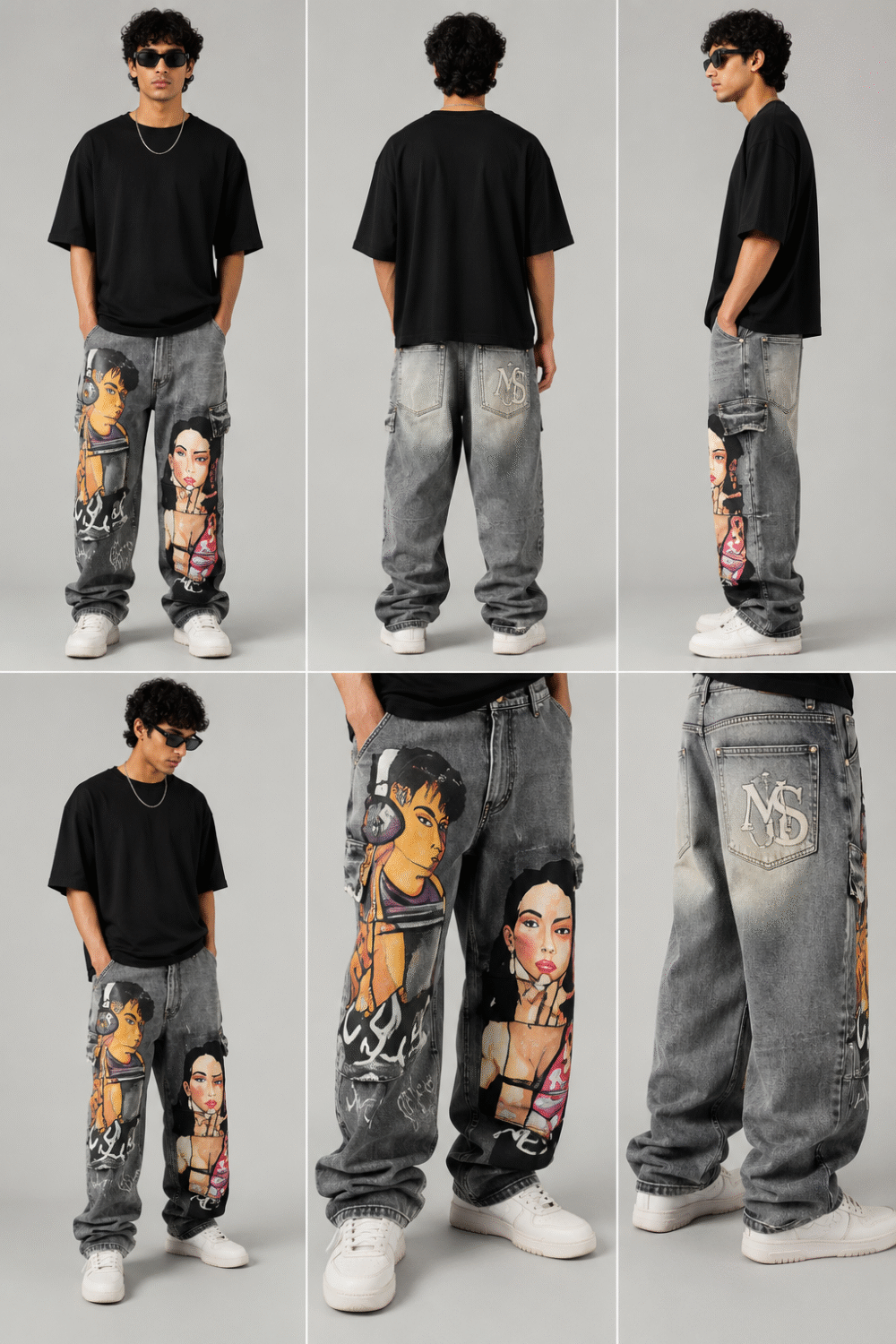 anime-graphic-baggy-cargo-jeans-grey-wash-view.jpg Men's Anime Graphic Baggy Cargo Jeans in vintage grey wash featuring oversized fit, cargo pockets, and bold anime character artwork.