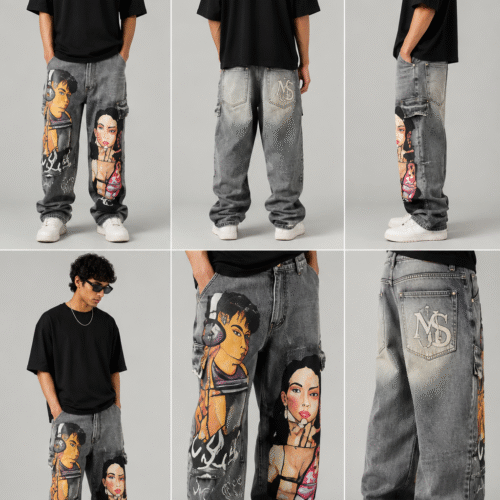 anime-graphic-baggy-cargo-jeans-grey-wash-view.jpg Men's Anime Graphic Baggy Cargo Jeans in vintage grey wash featuring oversized fit, cargo pockets, and bold anime character artwork.
