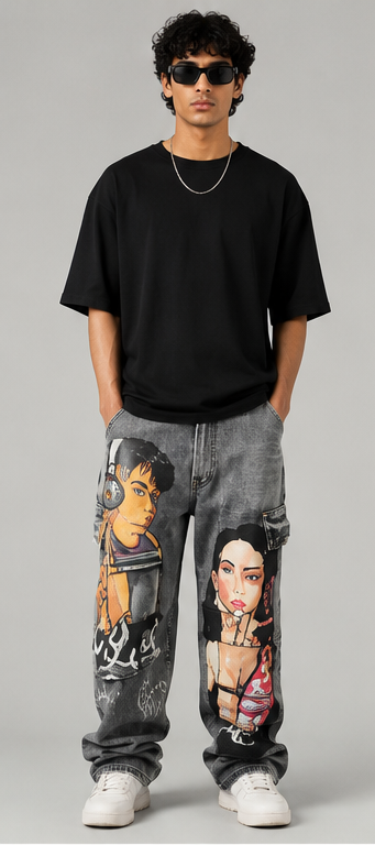 Men's Anime Graphic Baggy Cargo Jeans in vintage grey wash featuring oversized fit, cargo pockets, and bold anime character artwork.