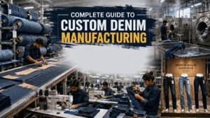 Complete Guide to Custom Denim Manufacturing showing a modern denim factory with fabric cutting, stitching, washing, quality inspection, and premium jeans production.