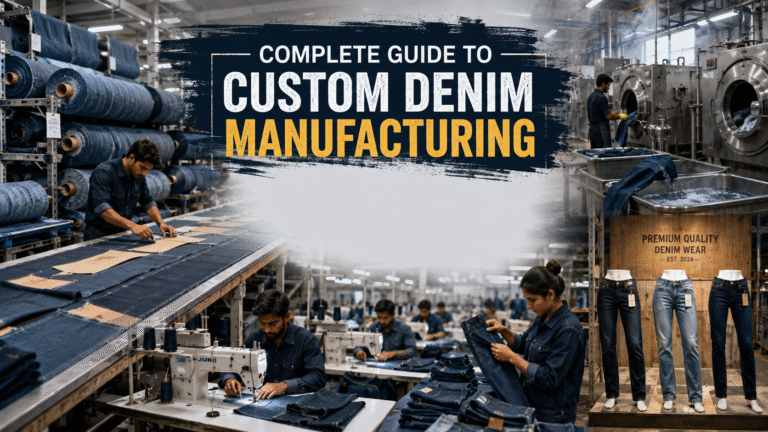 Complete Guide to Custom Denim Manufacturing showing a modern denim factory with fabric cutting, stitching, washing, quality inspection, and premium jeans production.