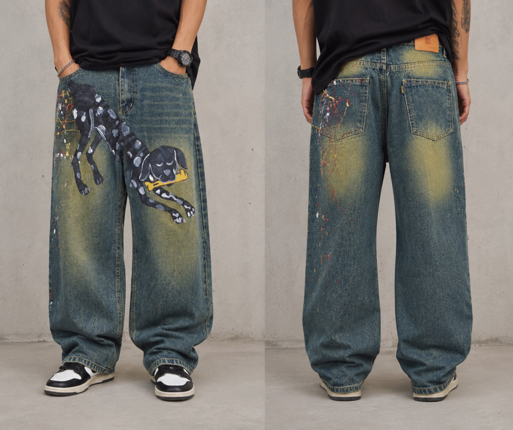 Men's Dog Print Baggy Jeans with oversized fit, vintage olive wash, artistic paint splatter design, front and back view.