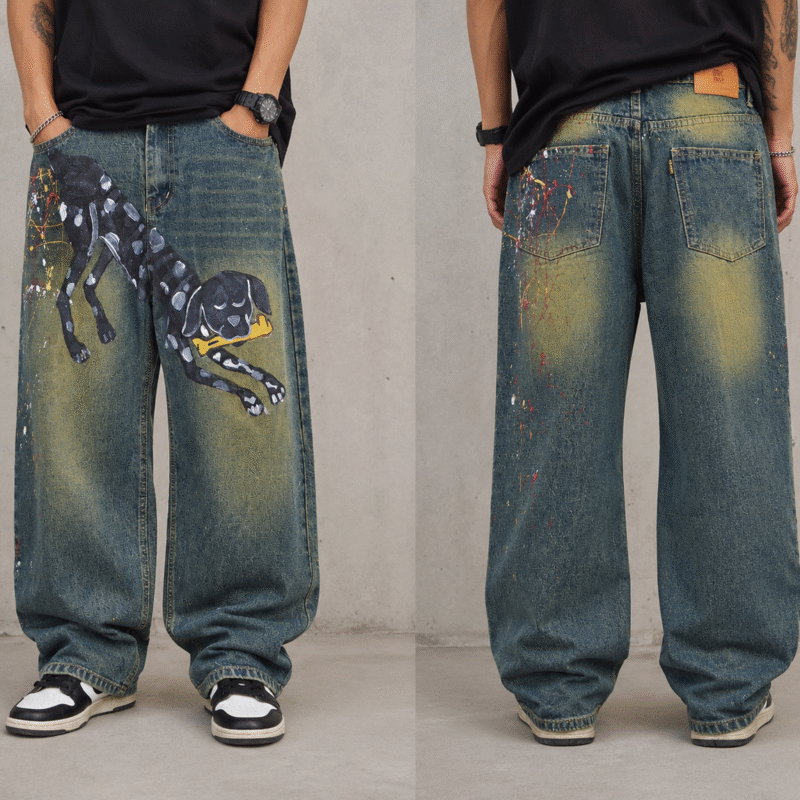 Men's Dog Print Baggy Jeans with oversized fit, vintage olive wash, artistic paint splatter design, front and back view.