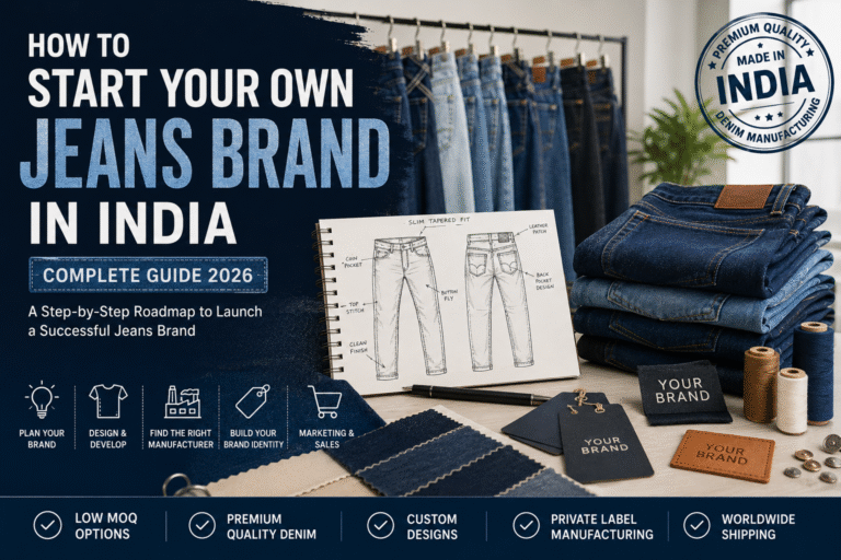 How to Start Your Own Jeans Brand in India with private label denim manufacturing, custom jeans production, and premium denim development.