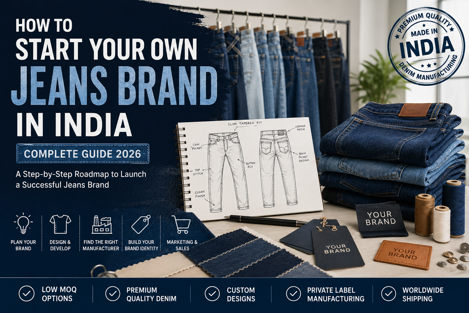 How to Start Your Own Jeans Brand in India with private label denim manufacturing, custom jeans production, and premium denim development.