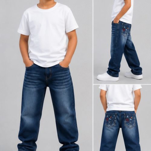 Kids Dark Blue Embroidered Denim Jeans for Boys Premium Cotton Casual Wear
