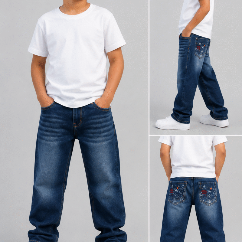 Kids Dark Blue Embroidered Denim Jeans for Boys Premium Cotton Casual Wear