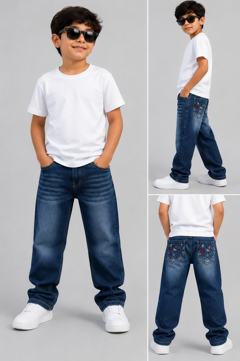 Kids Dark Blue Embroidered Denim Jeans for Boys Premium Cotton Casual Wear
