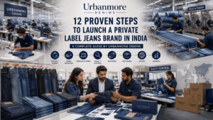 Private Label Jeans Brand manufacturing process in India with premium denim production and custom branding.