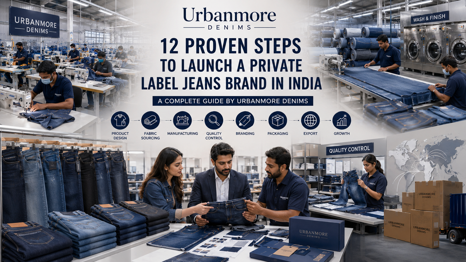 Private Label Jeans Brand manufacturing process in India with premium denim production and custom branding.