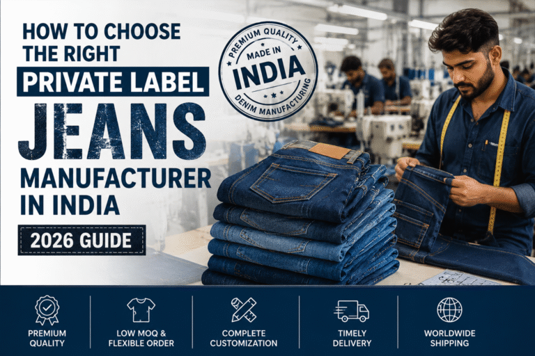 Private Label Jeans Manufacturer in India showcasing premium denim manufacturing, quality inspection, and custom jeans production for clothing brands.