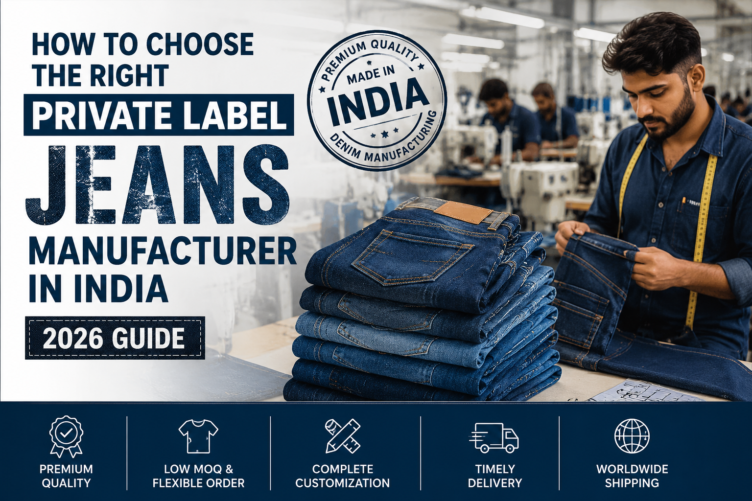 Private Label Jeans Manufacturer in India showcasing premium denim manufacturing, quality inspection, and custom jeans production for clothing brands.
