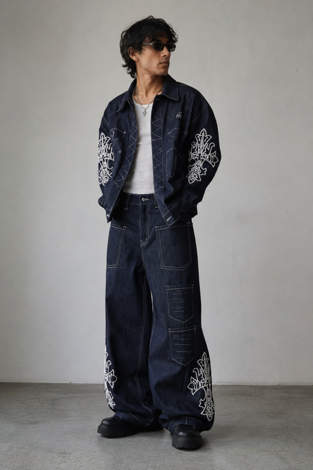 Gothic Cross Embroidered Denim Set featuring an oversized indigo denim jacket and super baggy wide leg jeans with premium white embroidery.