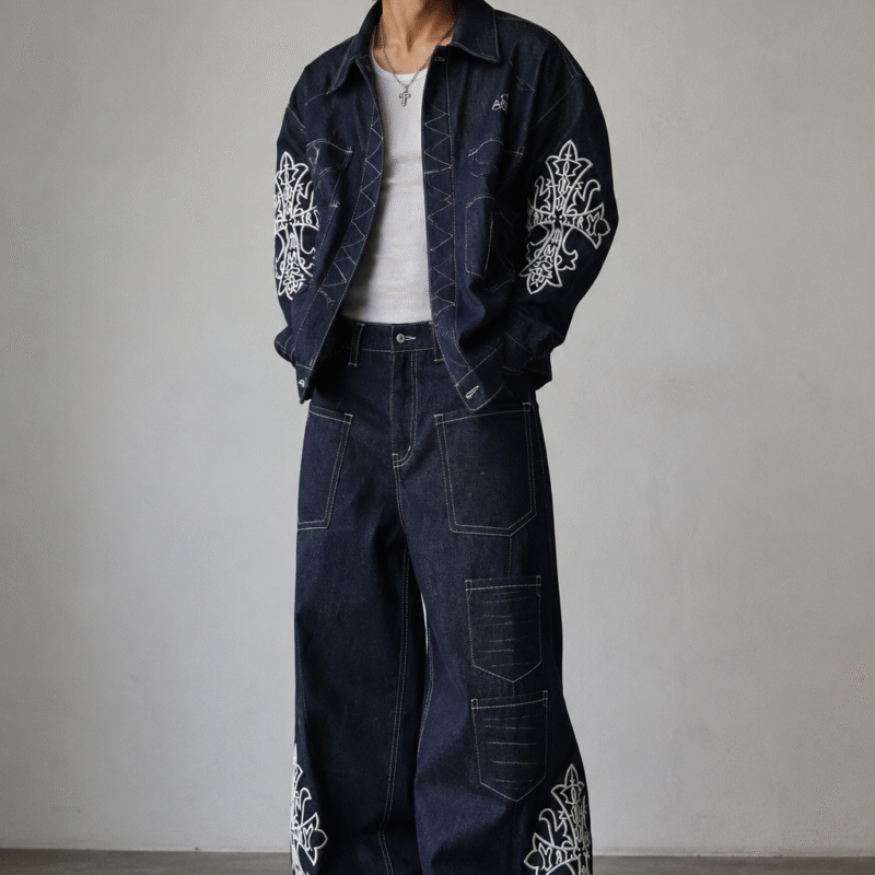 Gothic Cross Embroidered Denim Set with Oversized Jacket & Super Baggy Wide Leg Jeans Gothic Cross Embroidered Denim Set featuring an oversized indigo denim jacket and super baggy wide leg jeans with premium white embroidery.