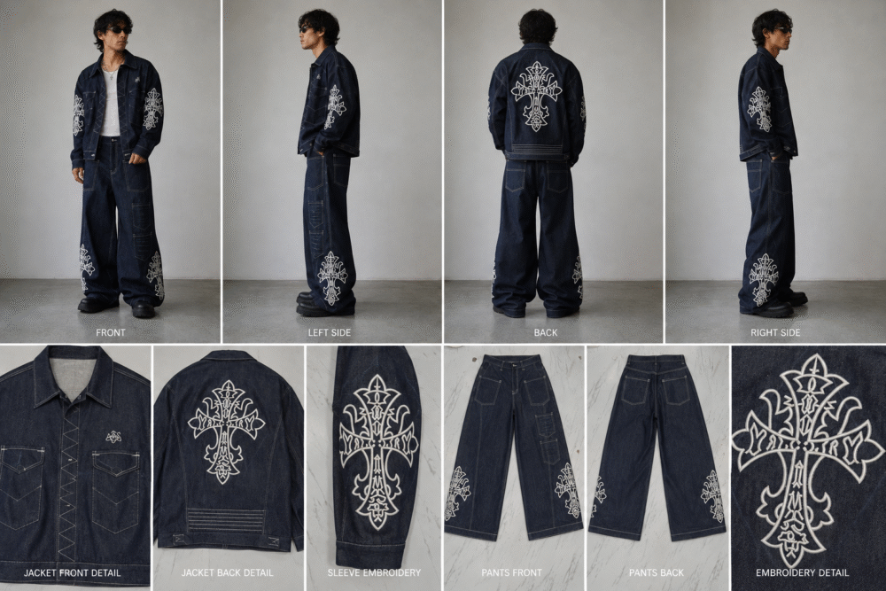 Gothic Cross Embroidered Denim Set featuring an oversized indigo denim jacket and super baggy wide leg jeans with premium white embroidery.
