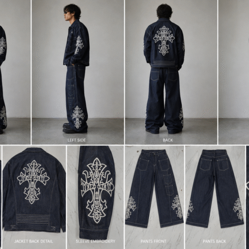 Gothic Cross Embroidered Denim Set featuring an oversized indigo denim jacket and super baggy wide leg jeans with premium white embroidery.