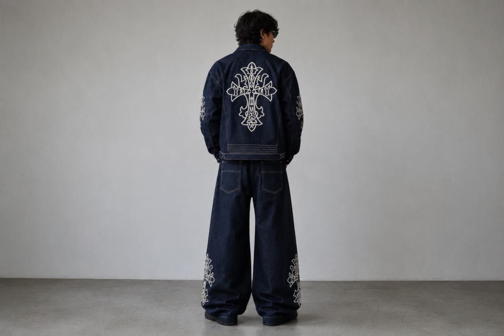 Gothic Cross Embroidered Denim Set featuring an oversized indigo denim jacket and super baggy wide leg jeans with premium white embroidery.