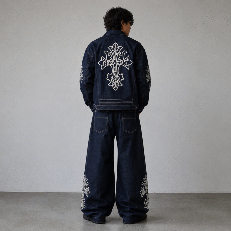 Gothic Cross Embroidered Denim Set featuring an oversized indigo denim jacket and super baggy wide leg jeans with premium white embroidery.