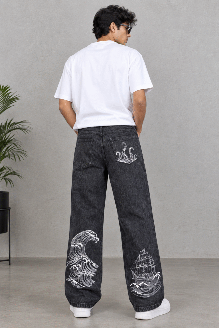 Fully embroidered washed-black baggy jeans with white ocean wave, sailing ship, and octopus embroidery