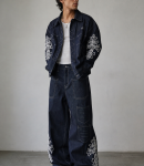 Gothic Cross Embroidered Denim Set featuring an oversized indigo denim jacket and super baggy wide leg jeans with premium white embroidery.